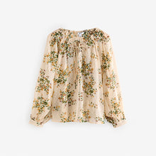 Load image into Gallery viewer, Ecru Natural Print Sheer Tie Neck Long Sleeve Blouse