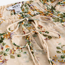 Load image into Gallery viewer, Ecru Natural Print Sheer Tie Neck Long Sleeve Blouse