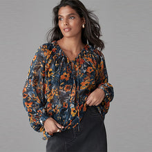 Load image into Gallery viewer, Navy Blue Print Sheer Tie Neck Long Sleeve Blouse