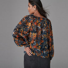 Load image into Gallery viewer, Navy Blue Print Sheer Tie Neck Long Sleeve Blouse