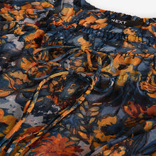 Load image into Gallery viewer, Navy Blue Print Sheer Tie Neck Long Sleeve Blouse