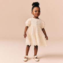 Load image into Gallery viewer, Ecru White Short Sleeve 3D Flowers Dress (3mths-6yrs)
