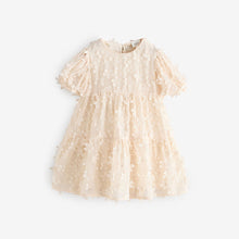 Load image into Gallery viewer, Ecru White Short Sleeve 3D Flowers Dress (3mths-6yrs)
