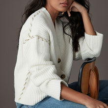 Load image into Gallery viewer, White Ecru Contrast Stitch Button Up V-Neck Cardigan