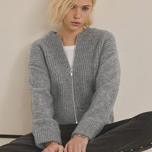 Load image into Gallery viewer, Grey Rib Knitted Zip Through Cardigan Bomber Jacket with Wool