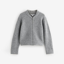 Load image into Gallery viewer, Grey Rib Knitted Zip Through Cardigan Bomber Jacket with Wool
