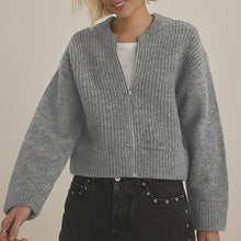 Load image into Gallery viewer, Grey Rib Knitted Zip Through Cardigan Bomber Jacket with Wool