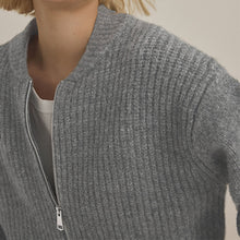 Load image into Gallery viewer, Grey Rib Knitted Zip Through Cardigan Bomber Jacket with Wool