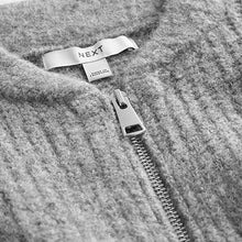 Load image into Gallery viewer, Grey Rib Knitted Zip Through Cardigan Bomber Jacket with Wool