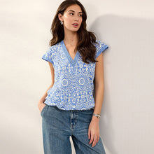 Load image into Gallery viewer, William Morris Blue/White Print Short Sleeve Lace V-Neck Bubblehem 100% Cotton Top