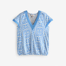 Load image into Gallery viewer, William Morris Blue/White Print Short Sleeve Lace V-Neck Bubblehem 100% Cotton Top
