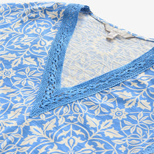 Load image into Gallery viewer, William Morris Blue/White Print Short Sleeve Lace V-Neck Bubblehem 100% Cotton Top