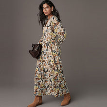 Load image into Gallery viewer, Cream Ditsy Floral Print V-Neck Boho Belted Jersey Midi Shirt Dress