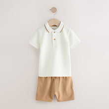 Load image into Gallery viewer, Tan/White Short Sleeve Textured Polo Shirt and Shorts Set (9mths-6yrs)