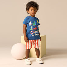 Load image into Gallery viewer, Blue Short Sleeve T-Shirt & Pattern Shorts Set