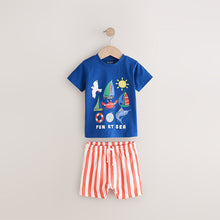 Load image into Gallery viewer, Blue Short Sleeve T-Shirt & Pattern Shorts Set
