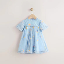 Load image into Gallery viewer, Blue Embroidered Flower Mesh Baby Dress (0mths-18mth)