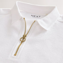 Load image into Gallery viewer, White Textured Short Sleeve Quarter Zip Polo Shirt