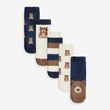 Load image into Gallery viewer, Navy/Ecru Bear Cosy Terry Cotton Rich Socks 5 Pack