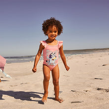 Load image into Gallery viewer, Coral Pink Flower Print Frill Shoulder Swimsuit (12mths-7yrs)