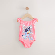 Load image into Gallery viewer, Coral Pink Flower Print Frill Shoulder Swimsuit (12mths-7yrs)