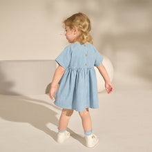 Load image into Gallery viewer, Blue/White Stripe Denim Strawberry Pocket Summer Dress (3mths-6yrs)