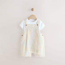 Load image into Gallery viewer, Neutral Stripe Woven Dungaree and Bodysuit Set (0mths-18mth)