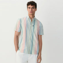 Load image into Gallery viewer, Blue/Pink/Green Pastel Short Sleeve With Button Down Collar Stripe Easy Iron Oxford Shirt