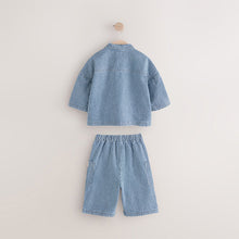 Load image into Gallery viewer, Blue Ticking Stripe 100% Cotton Shirt And Trousers Set (3mths-6yrs)