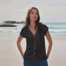 Load image into Gallery viewer, Black Button Down Ruffle Sleeve Top With Linen