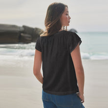 Load image into Gallery viewer, Black Button Down Ruffle Sleeve Top With Linen