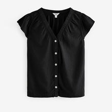 Load image into Gallery viewer, Black Button Down Ruffle Sleeve Top With Linen