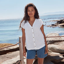 Load image into Gallery viewer, White Button Down Ruffle Sleeve Top With Linen