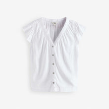 Load image into Gallery viewer, White Button Down Ruffle Sleeve Top With Linen