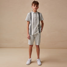 Load image into Gallery viewer, Grey/White Zip Neck Stripe Polo Shirt and Shorts Set (3-12yrs)