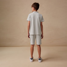 Load image into Gallery viewer, Grey/White Zip Neck Stripe Polo Shirt and Shorts Set (3-12yrs)
