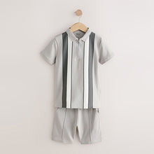 Load image into Gallery viewer, Grey/White Zip Neck Stripe Polo Shirt and Shorts Set (3-12yrs)