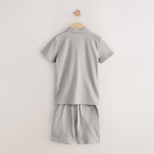 Load image into Gallery viewer, Grey/White Zip Neck Stripe Polo Shirt and Shorts Set (3-12yrs)