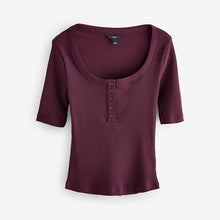 Load image into Gallery viewer, Berry Red Wide Rib Short Sleeve Button Henley Top