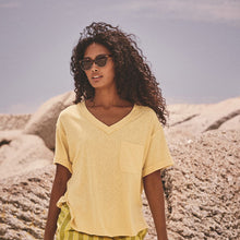 Load image into Gallery viewer, Buttermilk/Yellow Oversized V-Neck Short Sleeve T-Shirt