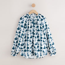 Load image into Gallery viewer, Ecru/Navy Grid Print Long Sleeve V-Neck Blouse