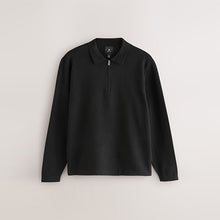 Load image into Gallery viewer, Black Zip Neck Regular Fit Premium Mid Weight Long Sleeve Knit Polo Shirt