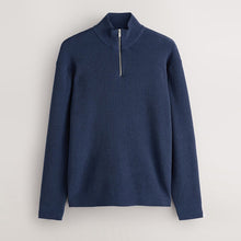 Load image into Gallery viewer, Mid Blue Regular Fit Ribbed Chenille Quarter Zip Jumper