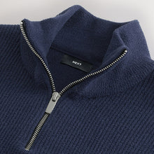 Load image into Gallery viewer, Mid Blue Regular Fit Ribbed Chenille Quarter Zip Jumper