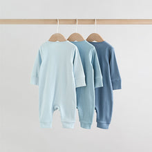 Load image into Gallery viewer, Blue Two Way Zip Footless Baby Sleepsuits 3 Pack (0-18mths)