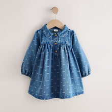 Load image into Gallery viewer, Denim Bow Long Sleeve Collar Dress (3mths-6yrs)