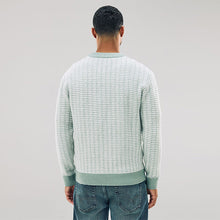 Load image into Gallery viewer, Sage Green Regular Fit Geometric Pattern Textured Crew Jumper with Wool