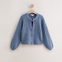 Load image into Gallery viewer, Chambray Blue Tie Neck Heart Button Cardigan