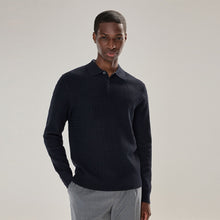 Load image into Gallery viewer, Navy Blue Texture Regular Fit Long Sleeve Knitted Polo Shirt