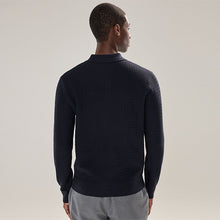Load image into Gallery viewer, Navy Blue Texture Regular Fit Long Sleeve Knitted Polo Shirt